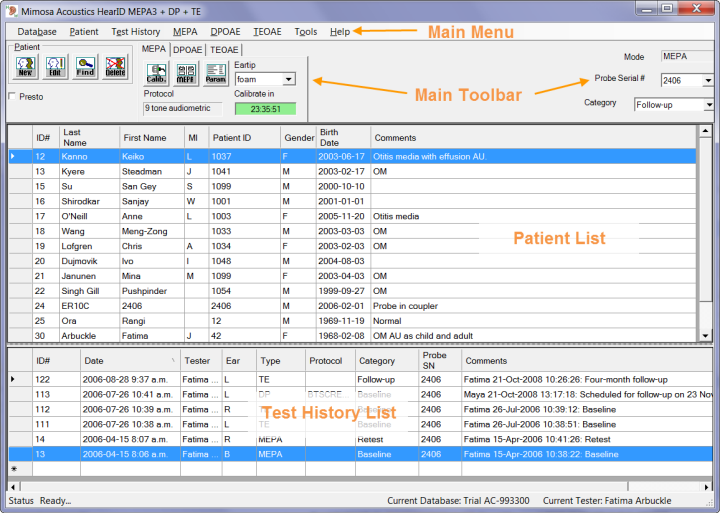HearID Screenshot of Patient Database